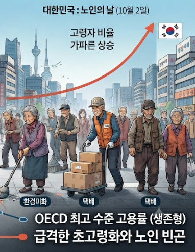 65세 이상이 전체 인구의 22%를 차지하고 있는 한국은 노인들이 빈곤을 탈피하기 위해 주로 저임금 단순 노무직이나 불안정한 일자리에서 생계를 유지하고 있다. 그림은 제미나이(Gemini)의 도움을 받아 이미지를 형상화했다.
