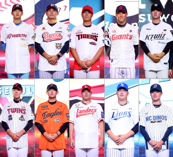 21일 서울 롯데호텔 월드에서 열린 2027 KBO 신인 드래프트.  사진 왼쪽부터 시계방향으로 1라운드에서 키움 히어로즈 지명을 받은 부산고 하현승, 두산 베어스 지명을 받은 서울고 김지우, 기아 타이거즈 지명을 받은 경남고 이호민, 롯데 자이언츠 지명을 받은 서울디자인고 박근서, kt 위즈 지명을 받은 유신고 이승원, NC다이노스 지명을 받은 경남고 박보승, 삼성 라이온즈 지명을 받은 광고진흥고 김민훈, SSG 랜더스 지명을 받은 마산고 이윤성, 한화 이글스 지명을 받은 설악고 민주홍, LG트윈스 지명을 받은 인창고 윤예성. 2026.9.21  연합뉴스