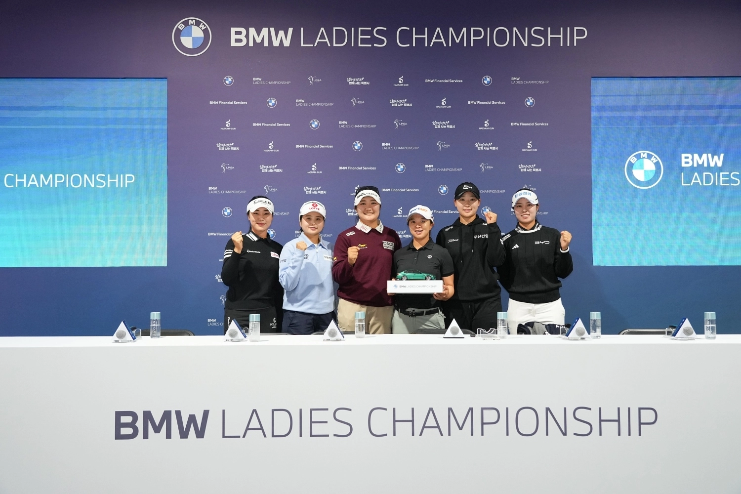 국내에서 열리는 유일한 미국여자프로골프(LPGA)투어 BMW 레이디스 챔피언십에 출전하는 윤이나(왼쪽부터), 최혜진, 유해란, 김세영, 김민솔, 서교림이 선전을 다짐하고 있다. BMW 레이디스 챔피언십 대회 조직위원회 제공.