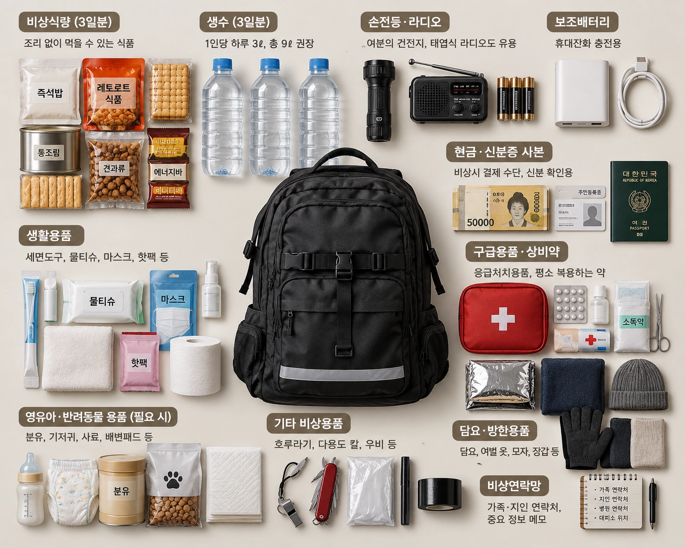 인공지능으로 만든 생존배낭 물품 일러스트