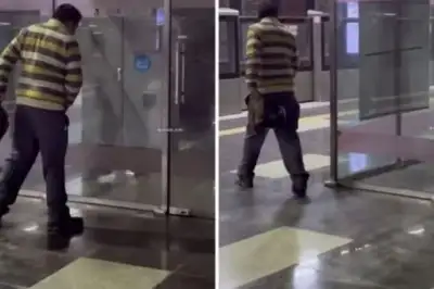 thumbnail - 인도 지하철 유리창 앞 ‘이것’ 하다 들켜…엉거주춤 남성 ‘줄행랑’ 포착