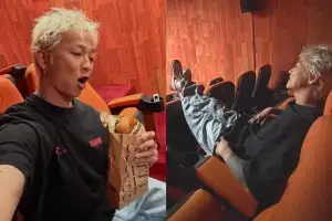 thumbnail - 팝핀현준 “극장에서 외부음식 먹으며 발올리기”…인증사진까지