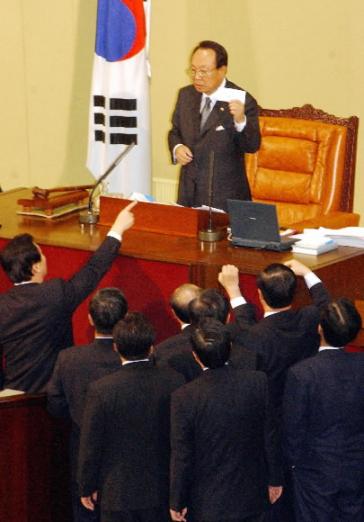 한-칠레 협상 비준안 처리방법상문제, 즉 투표방식을 놓고 의장에게 항의하자 의장이 투표용지를 보여주며 설명했으나 실패, 3당 총무들과 협의위해 잠시 휴정. 최해국기자seaworld@