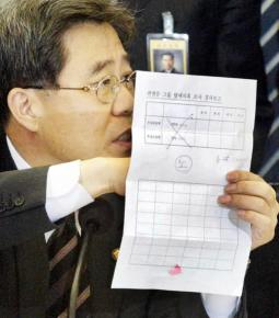 '노'의 뜻은 민주당 함승희 의원이 11일 대검찰청에서 열린 국회 법사위 ‘불법 대선자금 청문회’에서 ‘노’자가 적힌 썬앤문 그룹 탈세의혹 조사 보고서를 들어보이고 있다. 남상인기자 sanginn@