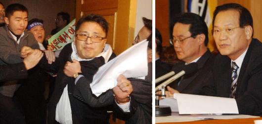 몸싸움 번진 공천갈등 한나라당 최병렬 대표가 13일 여의도 당사에서 운영위원회를 주재(오른쪽 사진)하는 동안,대표실 밖에서는 경북 포항·남울릉 당내 공천에서 탈락한 김형태씨의 지지자들이 이상득 사무총장의 공천 잘못을 주장하며 당직자들과 몸싸움을 하고 있다. 최해국기자 seaworld@