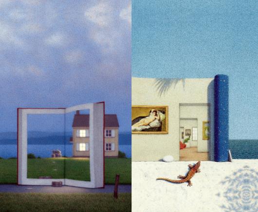 '마야' (오른쪽)와 '마법의 도서관'의 표지사진은 주인공이 도마뱀과 상상 속 대화를 나누는 등 요슈타임 가아더가 소설로 들려주는 진화생물학과 책의 역사 들을 산징적으로 보여준다.