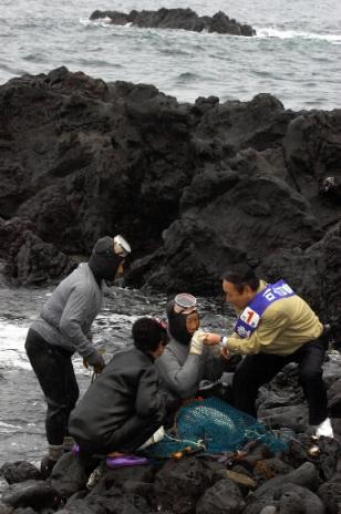 "한표 부탁합니다" 선거법 개정으로 나이든 세대 유권자들이 후보에 대한 정보 입수에 어려움을 겪고있는 가운데 7일 제주시용두동 용두동 용두암에서 한 후보가 해녀들을 직접 찾아다니며 지지를 호소하고 있다 제주 최해국 기자 seworld@