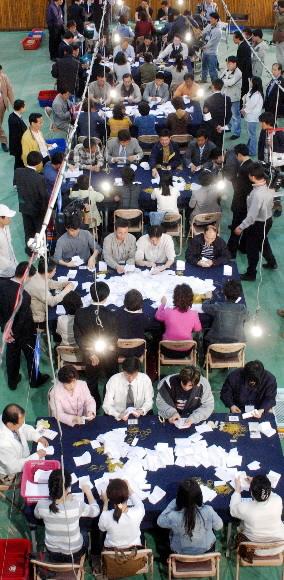 불밝힌 개표 작업 15일밤 서울 청운동 경기상고 개표장에서 개표원들이 개표작업을 하고있다 이종원기자 jongwon@