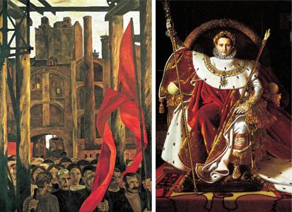 러시아 혁명의 붉은 기(왼쪽).러시아 혁명 후 붉은 기는 공산주의 혹은 사회주의의 상징이 됐다.프랑스 화가 앵그르의 유화 ‘옥좌에 앉은 나폴레옹’(오른쪽).나폴레옹은 왕좌에 오른 뒤 부르봉 왕가의 푸른색 의상을 없애고 새로운 왕조를 의미하는 붉은 색 의상을 도입했다고 한다.