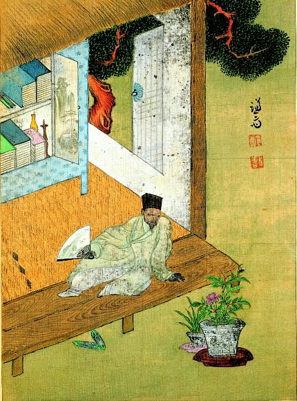 겸재 정선의 작품 ‘독서여가’.정선은 다작으로 유명하지만 대부분의 작품이 산수화이며 풍속화는 그리 많이 전하지 않는다.‘독서여가’는 그가 남긴 몇 점 안되는 사인풍속화 가운데 하나로 초가집과 서가,향나무 등이 어우러진 정경이 소박하고 청빈한 선비의 생활상을 잘 표현하고 있다.독서 후 꽃을 바라보며 잠시 휴식을 취하는 듯한 인물의 느긋한 자세에서 자연을 관조하는 선비의 태도를 엿볼 수 있다.