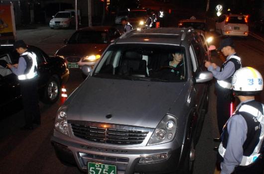 서울 강남경찰서 기동순찰대 대원들이 25일 밤 강남구 삼성동 올림픽대로 진입로에서 불시 검문검색을 하고 있다. 오정식기자 oosing@