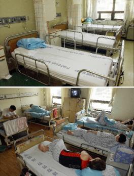 텅빈 대학병원… 꽉찬 중소병원 보건의료노조 파업 엿새째인 15일 서울 성북구 고대 안암병원 입원실이 텅 비어 있다(사진 위).파업을 하지 않은 서울 성동구의 한 중소병원은 입원 환자들로 꽉 차 대조를 이루었다. 정연호기자tpgod@seoul.co.kr