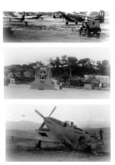 한국전쟁 때 미군 관제사로 참전한 앤슬리 플라르드 레오가 제공해 21일 공개한 당시 항공전 관련 사진들. 미 해군기들이 대기중인 강릉 기지, 38선 전경, 추락해 앞부분만 남은 국군 전투기(위로부터).