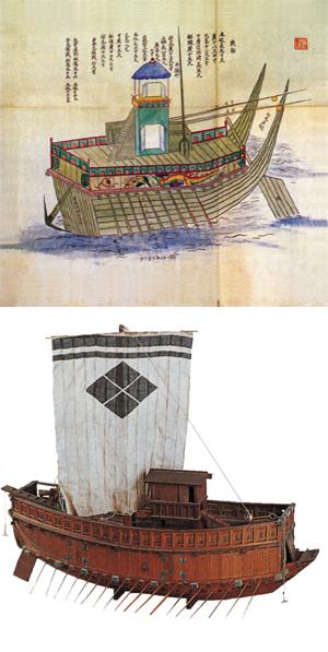 임진왜란 때 조·일 양국 해군의 주력 전함이었던 일본의 아다케(安宅船)와 조선의 판옥선.