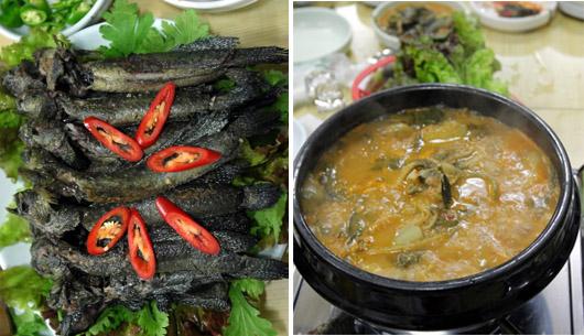 구수한 맛이 일품인 짱뚱어 구이와 전골(오른쪽). 살아있는 짱뚱어로 만드는 요리로 이맘때가 제일 맛있고 영양이 풍부하다.