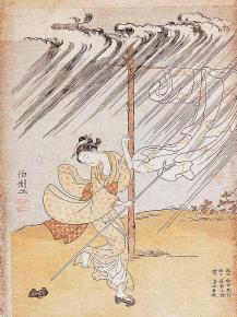 스즈키 하루노부의 작품 ‘소나기’(1765년).1765년과 1766년 사이에 크게 유행한 에고요미(繪曆,그림달력)의 한 장면이다.