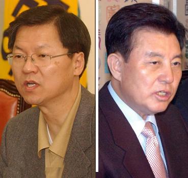 열린우리당 천정배(왼쪽) 원내대표와 한나라…