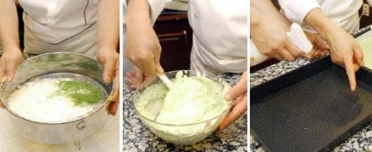 체로 치고-섞어주고-오븐에 굽고(왼쪽부터)