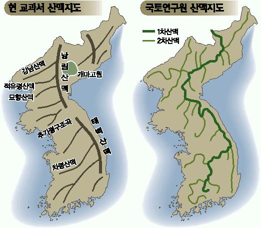 구 산맥지도(좌)와 새 산맥지도(우)