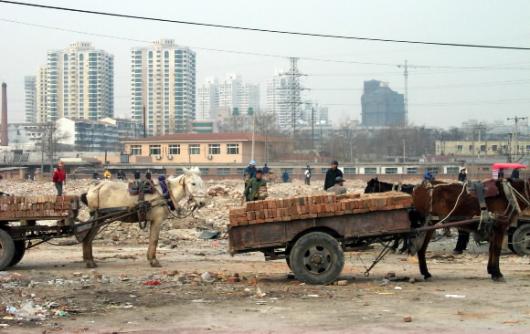 농촌에서 일자리를 찾아 상경한 민궁들이 영하 10도 이하의 추운 날씨에도 불구하고 베이징(北京)시 외곽의 신개발지 철거현장에서 돈이 될 만한 벽돌들을 골라내 우마차에 싣고 있다. 베이징 오일만특파원 oilman@seoul.co.kr