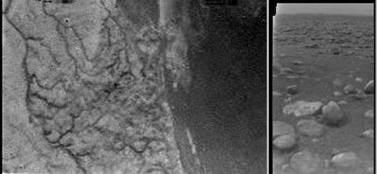 14일 우주탐사선 '호이겐스'가 토성의 위성 타이탄에 착륙하기 전에 찍어보낸 타이탄의 표면 사진들. 16km상공에서 찍은 사진(왼쪽)에는 해안처럼 보이는 곳에 이르는 수로같은 액체의 통로가 보이며, 위성의 표면(오른쪽)에는 얼음덩어리들이 간격을 두고 널브러져 있다. 이 얼음덩어리의 크기와 같격 등은 사진 분석이 이뤄지면 곧 드러날 것으로 보인다.   Credit: ESA/NASA/University of Arizona