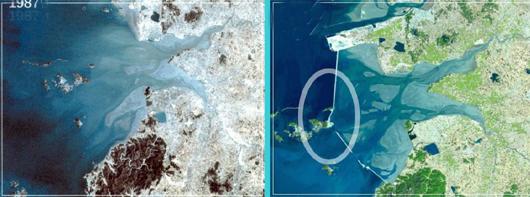 사진 왼쪽은 간척사업을 시작하기 이전인 1…