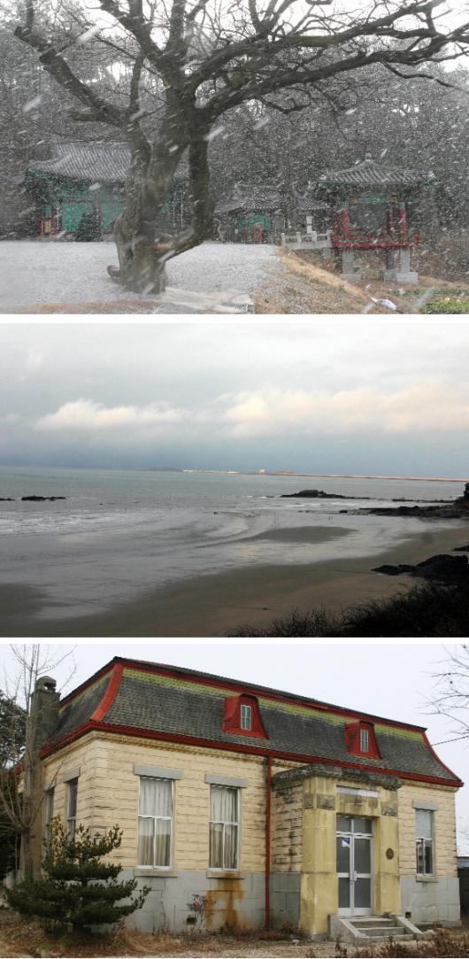 겨울이면 깊이를 모를 눈 속으로 잦아들며 심포갯벌을 지켜선 망해사(위)도 새만금 간척사업이 마무리되면 ‘망육사(望陸寺)’의 참담함을 맛볼지도 모른다.이 드넓은 갯벌을 경작지로 바꿀 새만금간척지의 거대한 댐(가운데)이 수평선처럼 하늘과 맞닿아 있다.이 갯벌과 함께 우리나라 기간경작지로 손꼽히는 김제·만경평야에는 일제의 수탈을 상징하는 ‘하시모토농장’ 건물이 남아 역사의 아픔을 증언하고 있다.