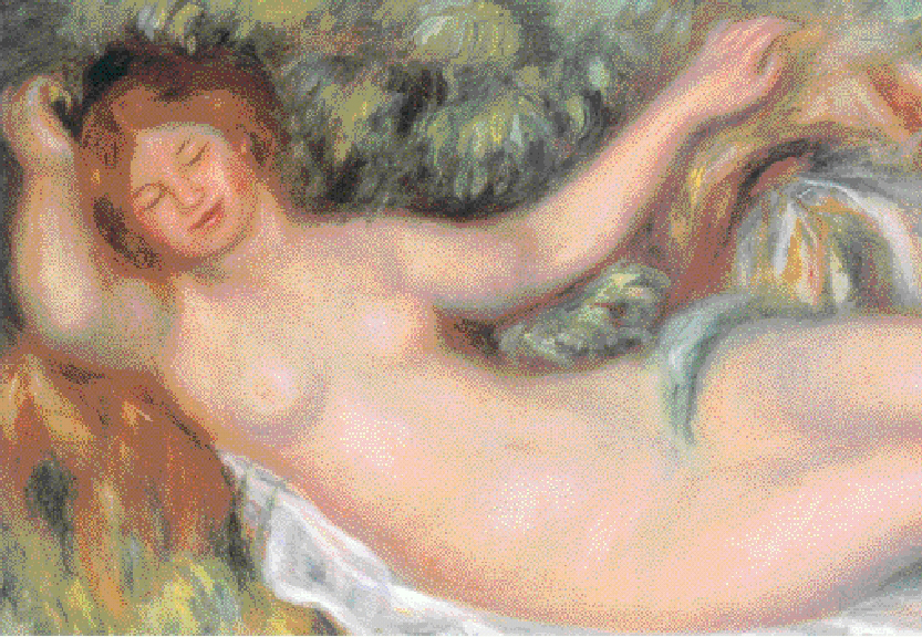 르누아르는 “아, 젖가슴. 얼마나 부드럽고 중량감 있는가.”라며 여성의 젖가슴을 찬탄했다. 그에게 여성은 근원적인 아름다움의 상징이었다.‘누워 있는 여인’(1902년)에서 그의 부드러운 선과, 여성을 향한 따뜻한 시선이 느껴진다. 누워 있는 이 여인의 우아함과 부드러움을 만지고 싶게 만든다.