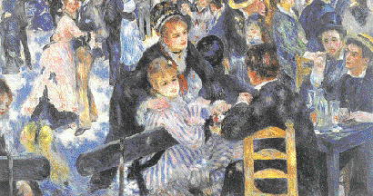 물랭 드 라 갈레트(1877년). 햇살이 가득한 야외 무도회장의 분위기를 직업모델 대신 동료화가 등 친구들을 등장시켜 생동감 있게 표현했다. 춤을 추는 무리들의 소란스러움과 흥분된 얼굴에서 삶에 대한 열정이 묻어난다. 춤추는 여성의 드레스에 배어 있는 리듬감과 열정적인 움직임과는 달리 의자에 앉아 있는 남자들의 모습에서 느껴지는 일상의 권태로움이 대조를 이룬다.