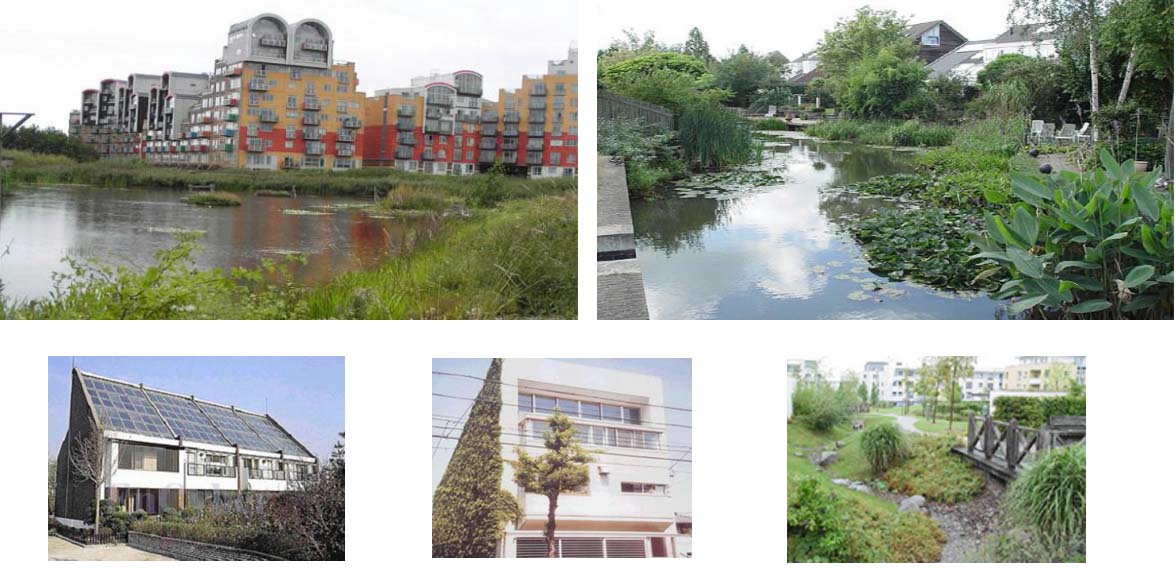 영국 그리니치빌리지에 조성된 자연생태 습지(위 사진 왼쪽)과 네덜란드 에콜로니아의 주택단지에 만든 자연형 수로(위 사진  오른쪽).외국의 생태도시에 못지않는 생태마을이 판교신도시에 세워지게 된다.태양열 집전판과 벽면녹화,도랑 조성(아래 사진 왼쪽부터) 등도 계획돼 있다. 