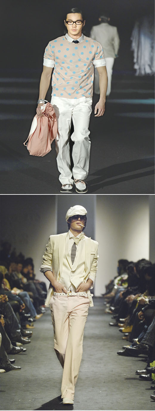 남성복 본(BON·사진 위) 컬렉션의 콘셉트는 인텔리전스 센슈얼. 물방울무늬를 이용해 지적이면서 사랑스러운 남성을 표현했다.  송지오 컬렉션(아래)은 격조있는 반항아 느낌이 물씬 풍긴다.