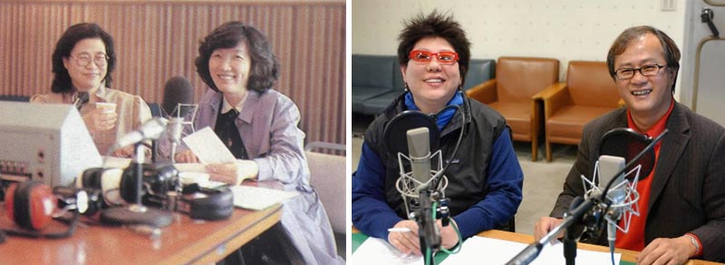 ‘여성시대’의 첫 단추를 끼운 임국희 (왼쪽 사진 오른편)아나운서와 현재 진행자 양희은·송승환(오른쪽 사진).