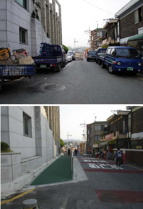 어린이 통학로 설치 전과 후 교통사고 다발지역에서 교통안전지대로 탈바꿈한 성남시 수정구 성수초등학교 주변의 교통시설 개선 전후 모습. 통학로와 차로를 분리하기 전 좁은 도로 양옆에 차들이 무질서하게 주차돼 있는 모습(위쪽)과 통학로와 차로 분리 후 정돈된 현재의 모습이 확연히 비교된다. 김명국기자 daunso@seoul.co.kr