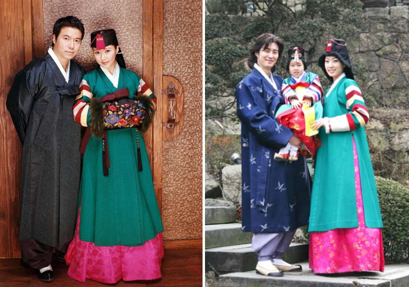 따뜻한 방한용품으로 더욱 고급스럽고 세련되게 연출했다. 남성은 공단 소재의 두루마기로, 여성은 누빔처리한 두루마기와 조바위(왼쪽 사진), 남바위(오른쪽 사진)로 추위를 피한다.