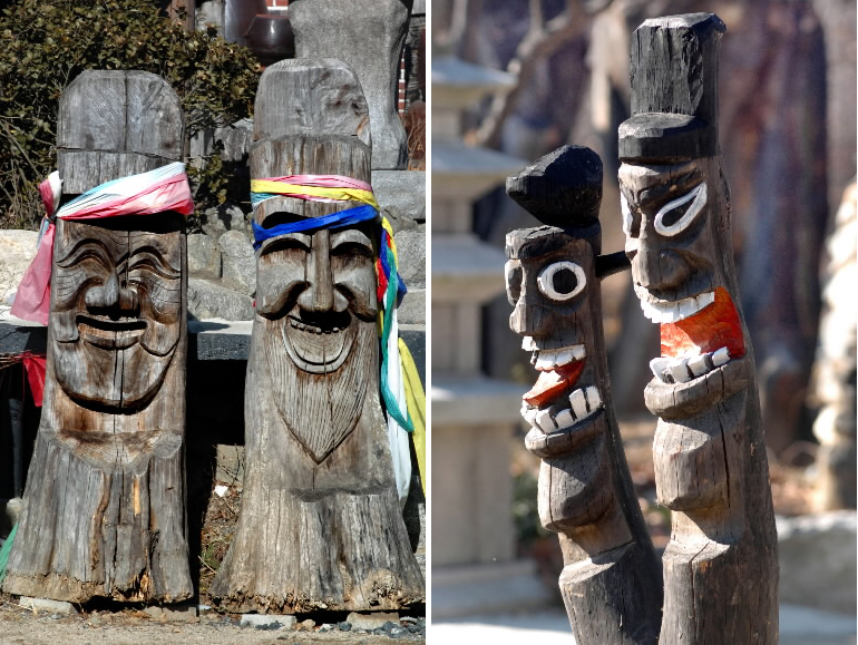 장승의 기본 형태는 나무에 인간 얼굴을 상징적으로 형상화하였으며 그 몸체에 이름을 새겼다. 천하 대장군(天下 大將軍)과 지하 여장군(地下 女將軍)이 한쌍을 이뤄 마을입구를 지키고 있다.(경북 안동)