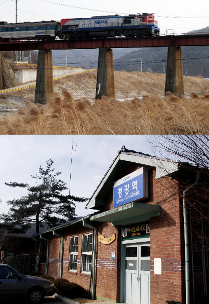 경강역(아래)에서 잠시 쉰 열차가 춘천으로 향하고 있다.