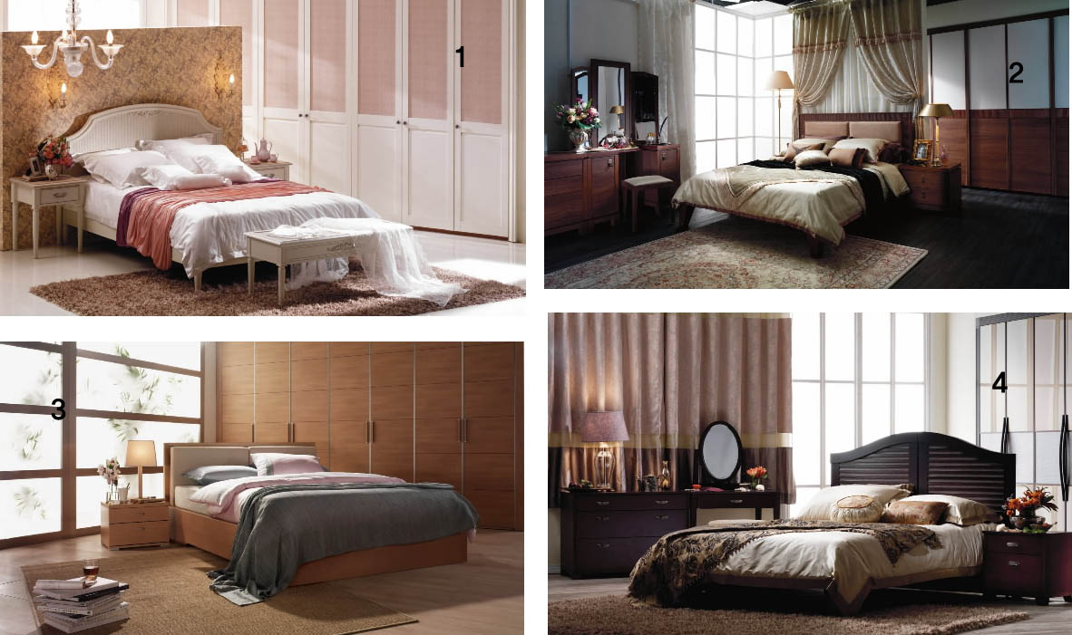 (1)유럽 전원의 느낌이 물씬 풍기는 낡은 듯한 쉐비 시크 스타일로 낭만적인 침실.(2)갈색의 중후함과 티크 무늬결을 이용한 가구는 자연스럽고 격조있는 분위기를 만든다.(3)밝은 갈색 컬러로 은은하면서 세련된 분위기가 흐르는 침실. 자연 소재의 소품으로 산뜻하게 연출한다.(4)카키색과 갈색의 조화로 독특하면서도 따뜻한 분위기를 내는 침실. 커튼, 쿠션 등 밝은 색채의 소품은 자칫 어두워질 수 있는 공간을 경쾌하게 바꾼다.