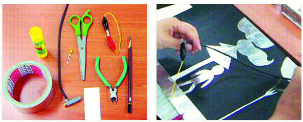 번개의 경로를 알아보는 실험에 필요한 준비물(왼쪽)과 번개가 치는 것과 같은 효과를 주기 위해 알루미늄 테이프로 만든 모형물들에 압전세라믹을 연결하고 있는 모습.