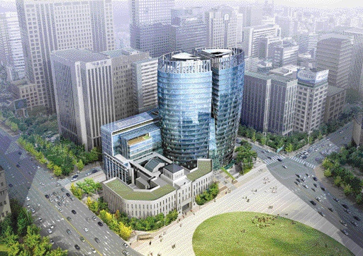 이명박 서울시장의 계획대로 추진됐을 경우를 가상한 서울시청 신청사 조감도와 주변 건물을 합성한 사진. 서울시 제공