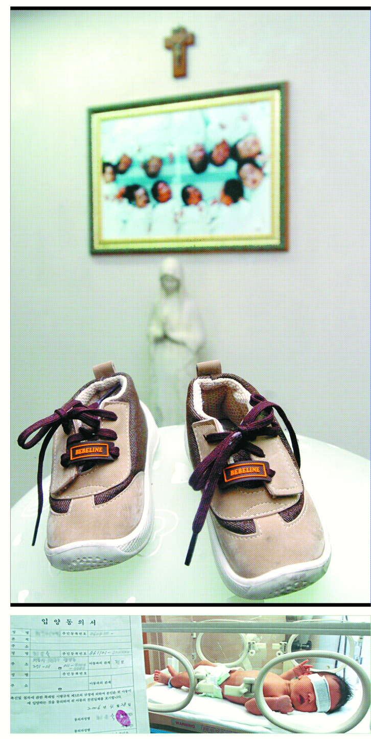 (사진위) 영수는 이번 어린이날에도 외출 할 일이 없을 것 같다. 신발을 신고 뛰어 놀고 싶지만. 영수에겐 아직까지 가족이 없답니다.<성가정입양원>   (사진아래) 입양동의서와 함께 동양사회복지회로 온 영호(1개월)가 인큐베이터 안에서 치료를 받고 있다.