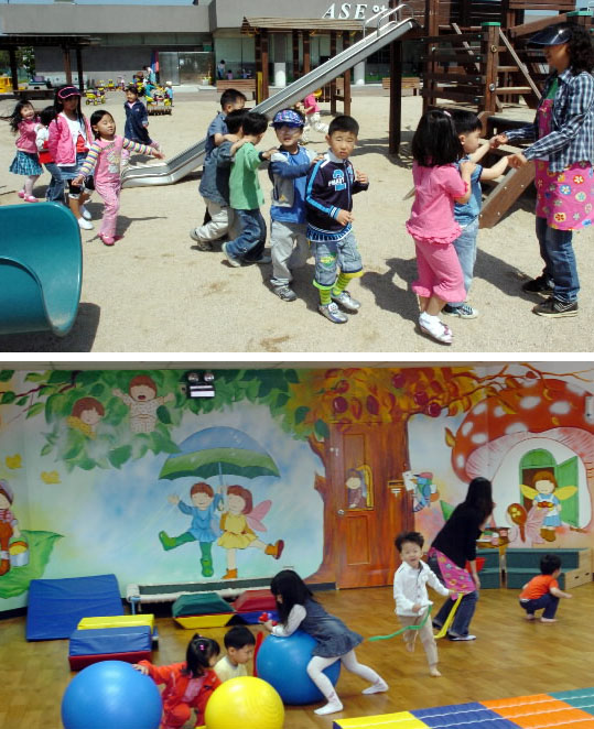 ASE코리아 어린이집은 실내공간은 물론 야외 놀이터와 텃밭을 갖추고 있다. 놀이터에서는 어린이들이 보육교사의 보호를 받으며 뛰놀고 있고(사진 위) 실내에서는 공놀이가 한창이다.  파주 김명국기자 daunso@seoul.co.kr