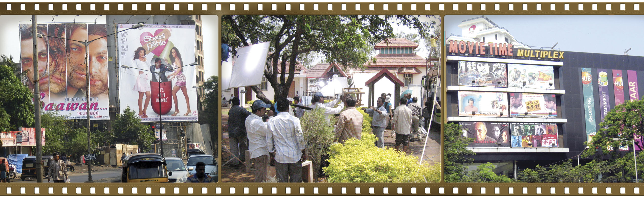 대형 볼리우드 영화 광고판들이 인도 영화의 메카 뭄바이 거리를 도시의 일부분이 된 듯 뒤덮고 있다(왼쪽). 마하라슈트라 주정부가 운영하는 필름시티 야외 촬영장에서 지난달 초 라지스리 영화사 관계자들이 멜로 드라마를 찍느라 부산하게 움직이고 있다. 뭄바이(인도) 이석우특파원 jun88@seoul.co.kr