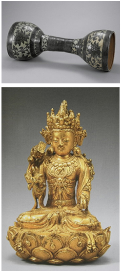 청자철채각기퇴화연당초문장고(사진 위)와 금동대세지보살좌상.