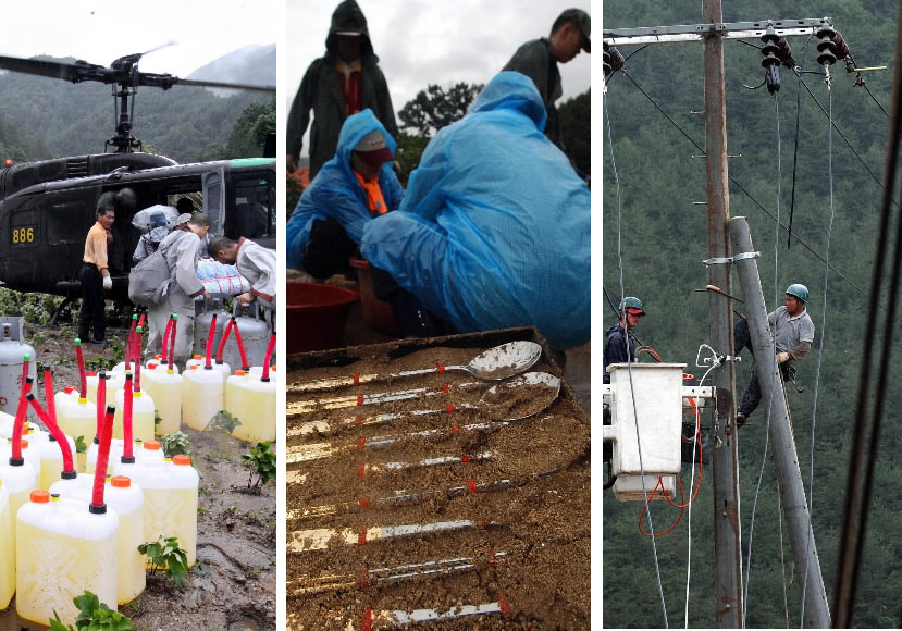 폐허 속에서도 작은 복구의 손길이 희망의 불씨를 되살리게 한다. 중부지방 폭우로 가장 큰 피해를 본 강원도 인제군 수해지 곳곳에선 18일 복구로 여념이 없었다. 인제읍 덕산리 주민들이 가재도구를 청소하고 있다(가운데). 한전 인제지점 직원들이 덕산리의 전기 복구작업을 펴고 있다(오른쪽). 13항공단 204항공대대 헬기가 3일째 고립된 기리면 하추리 용화사에 연료를 공급하고 있다. 인제 특별취재팀 (헬기조종 김종호대위 황갑주준위)