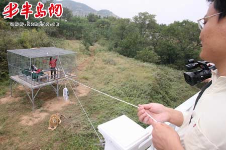 예푸씨와 뤄셴후이씨가 먹을 날고기 등의 식품을 줄로 연결에 전달하고 있는 모습.  반도도시보