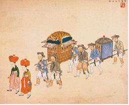 김준근, 《기산풍속도첩》 중 <산행> 혼례를 치른 신부가 가마를 타고 시집으로 가고 있다.  독일 함부르크 민족학박물관 소장. 