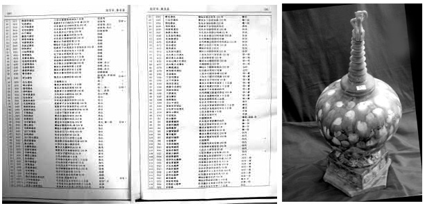 도굴단이 만든 ‘고묘 유적지 현황’ 책자(왼쪽). 유적지 위치 등이 상세히 기록돼 있다. 사진 오른쪽은 압수한 당삼채. 화상보 