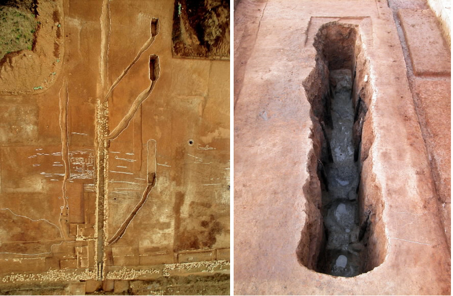 백제 말기에 사용된 것으로 추정되는 공중화장실.전북 익산 왕궁리 유적에서 발굴된 이 구덩이는 토양분석을 통해 회충·편충알이 발견돼 화장실로 확인됐다.오른쪽은 확대한 사진. 국립부여문화재연구소 제공