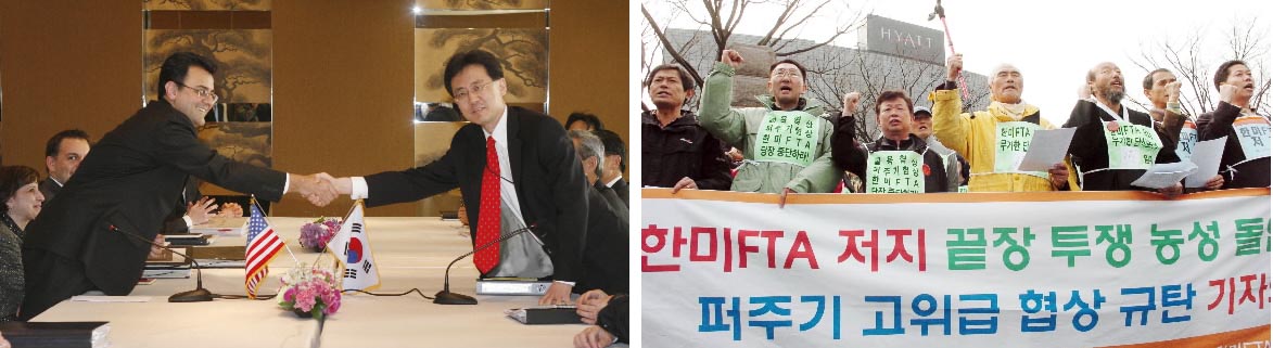 26일 오전 서울 용산구 한남동 하얏트 호텔에서 한·미 FTA 최종 협상 시작에 앞서 김현종(오른쪽) 통상교섭본부장과 카란 바티아 미국 USTR 부대표가 악수하고 있다(왼쪽). 호텔 앞에서는 한·미 FTA 저지 범국민운동본부 회원들이 시위하고 있다. 정연호기자 tpgod@seoul.co.kr