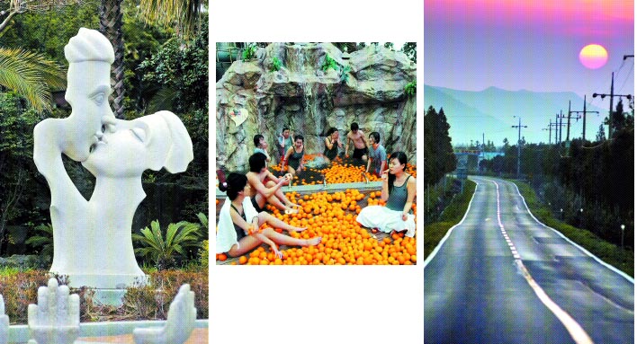건강과 성 박물관의 조각상. 귤 마사지도 하고 농촌도 돕는 제주워터월드 감귤이벤트탕. 한라산 97번 국도변 일출. 조금만 일찍 서두르면 색다른 제주의 속살과 마주할 수 있다.(왼쪽부터) 